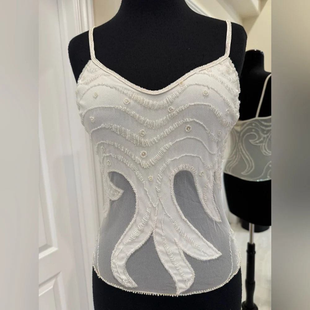Delicate White hand Beaded Mesh Cami Top on stretch mesh - Picture 2 of 3